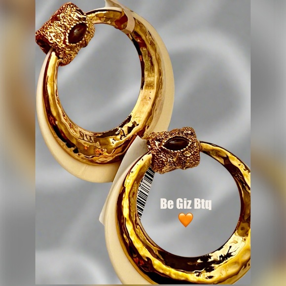 GAS BIJOUX Authentic Meknes 24KGold Plated Hoop Earrings Marquise Glass Cabochon - Picture 1 of 12